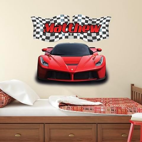 Personalized Racing Wall Decal for Kids Room - Race Car Name Wall Decals - Checkered Flags Racing Car Stickers - Supercar Decoration for Bedroom Playroom Wall Decor Boys Art Mural Vinyl Sticker Cover
