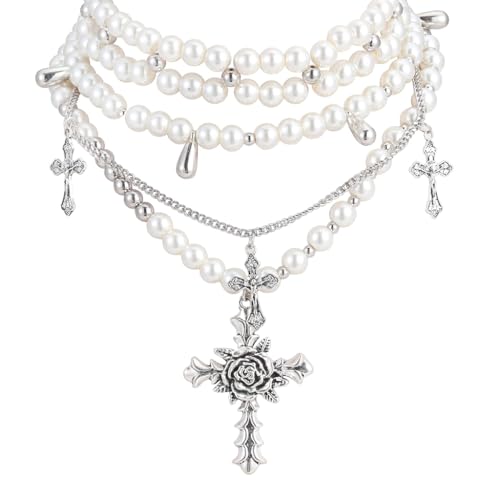 Image of SANNIDHI Pearl Necklace for Women Girls Gothic Rose Cross Pendant Chain Layered Necklace Stainless Steel Beads Choker Necklace Punk Aesthetic Necklace Jewellery Gifts for Women, Girls