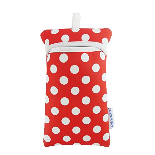 Image of Neoprene Neck Cell Phone Sleeve Bag Pouch w / Clip (Red White Polka Dots)