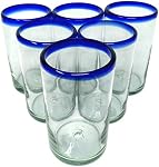 Dos Sueños Verres à boire mexicains soufflés à la main - Ensemble de 6 Verres à bords bleus de cobalt (14 oz chacun)