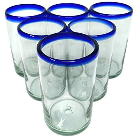 Dos Sueños Hand Blown Mexican Drinking Glasses - Set of 6 Glasses with Cobalt Blue Rims (14 oz each) Cover