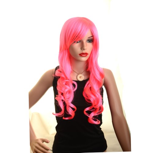 SureWells Cosplay Wigs Sexy Women's Long Pink Wig Curly Wigs Big Wave for Party