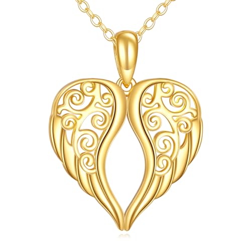 KECHO 14k Solid Gold Angel Wings Necklace for Women Real Gold Guardian Angel Pendnat Jewelry for Women