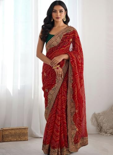 Image of Yashika Women's Georgette Art Silk Bandhej Zari Work Embroidered Saree | Women Sari