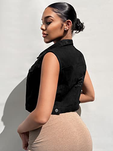 Sweatyrocks Women's Sleeveless Button Down Ripped Jean Jacket Flap Pocket Crop Denim Vest Top Black L #TOP3