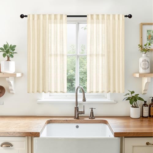 YoungsTex Beige Linen Semi Sheer Curtains 40 Inch Length for Kitchen Window, Short Drapes Textured Light Filtering with Rod Pocket Back Tab for Cafe Bathroom Bedroom, 2 Panels, 42 X 40 Inch