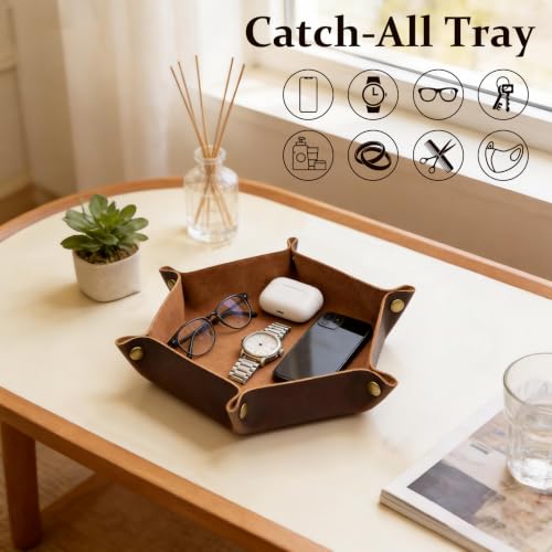 Image of boshiho Valet Tray for Men, Leather Jewelry Catchall Key Phone Coin Box Change Caddy Bedside Storage Box (Chocolate)