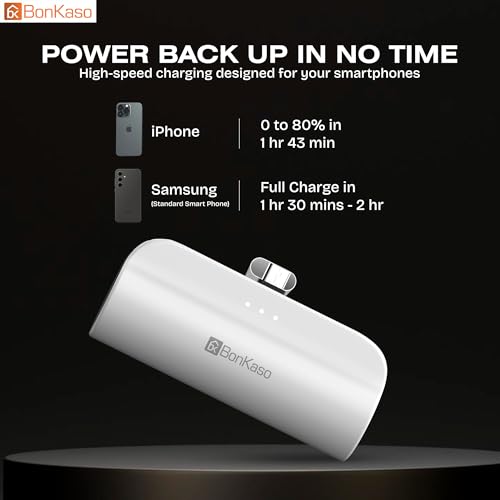 Image of BonKaso 5000mAh Mini Power Bank 15W PD Fast Charging, Built-in Type-C & i5 Cable, USB-C Input /Output, LED Indicator, Mobile Stand, Compact Pocket Portable Charger for iPhone & Android - White