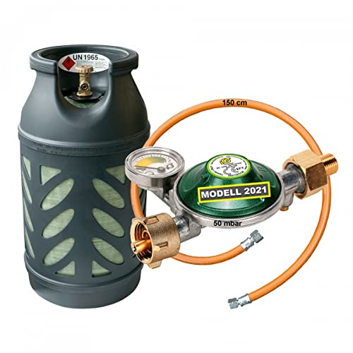 BlueCraft Premium Composite 10 kg Eigentums Propangasflasche leer inkl. 50mbar Druckminderer mit Manometer und Gasschlauch 150 cm Cover
