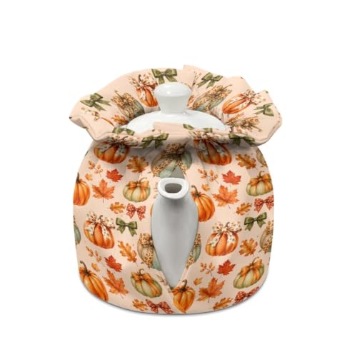 Image of Fall Bow Tea Cosy for Kitchen Pumpkin Insulated Tea Pot Dust Cover for Home Keep Warm Teapot Cover for Party Kitchen Tabletop Decor Gift for Fall