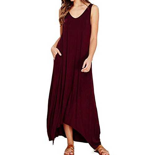 Stekima Women’s Summer Dresses Casual V Neck Pure Color Pocket Vest Long Maxi Dress for Ladies Elegant Plus Size Sleeveless Swing A-Line Dress Cocktail Party Beach Summer Holiday Sun Dress Wine