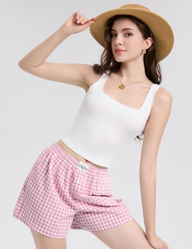 Image of LOMON Womens Boxer Shorts Casual Summer 2026 Pajama Lounge Sleep Pj Gingham Plaid Shorts Y2K Beach Bottoms