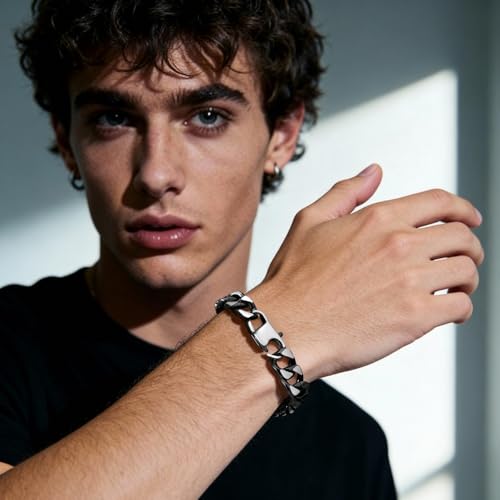 Image of Link Chain Bracelet for Men : Durable Stainless Steel Men's Bracelets,Sweatproof Curb Wrist Chain,Waterproof Hip Hop Graduation,Birthday,Holiday Jewelry Gift for Boyfriend Husband Son Father Friend