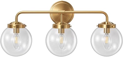 Miniatura 8 de Lámparas doradas para tocador de baño, modernas luces de latón de 3 luces con pantalla de bola de vidrio transparente, luces de tocador de granja de