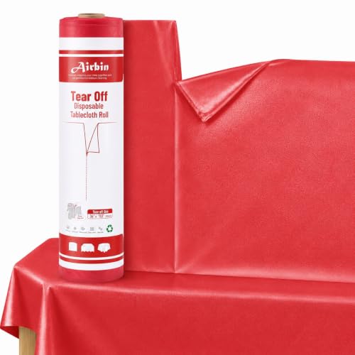 Image of Plastic Table Cloth Disposable, Tear Off 110 Ft X 54 In Plastic Table Cover Roll Premium Red Plastic Tablecloth Tear Off 12 Pcs 54 inchx110 inch, Table Cloth Roll for Party, Holiday, Themed Gathering, Buffet