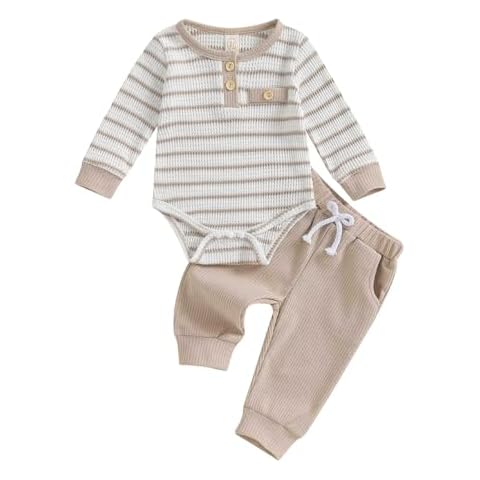aporake Baby Boy Outfits Newborn Boy Clothes Knitted Long Sleeve Romper Bodysuit Cute Infant Pants Set Fall Winter Clothing (Khaki Stripe, 0-3 Months) Cover