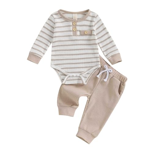 Image of Vioyavo Infant Baby Boys 2Pcs Tracksuit Stripes Print Long Sleeve Romper Elastic Waist Long Pants Set Casual Clothes Set Spring Fall (Khaki, 0-3 Months)