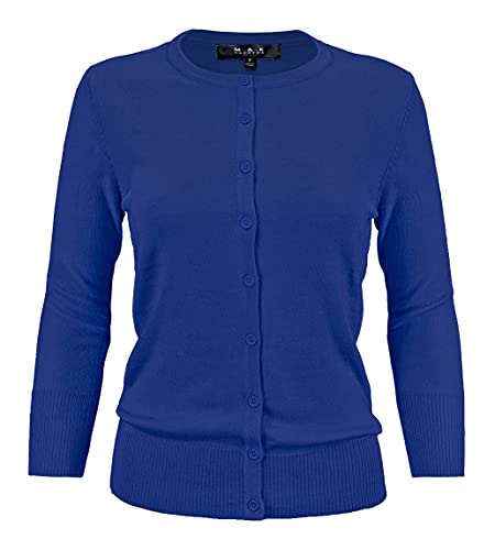 YEMAK Women's Knit Cardigan Sweater â€“ 3/4 Sleeve Crewneck Basic Classic Casual Button Down Soft Lightweight Knitted Top CO079-RBL-L Royal Blue