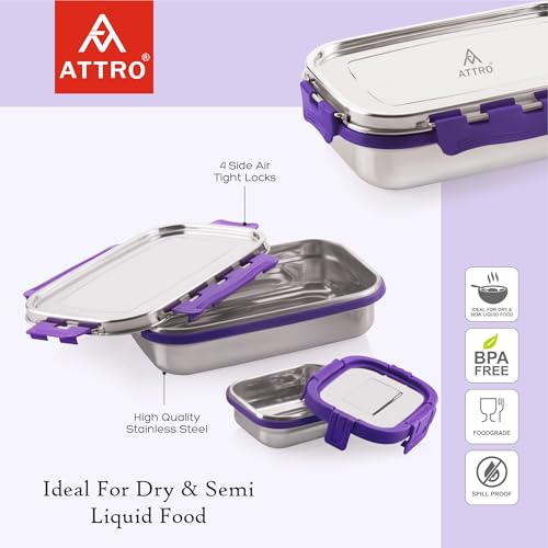 Image of ATTRO Shine Medium Stainless Steel Lunch Box 2-Piece Set - 800ml + 150ml - Leak-Proof, BPA-Free, Compact & Durable - Ideal for Kids, Office, Travel - Purple