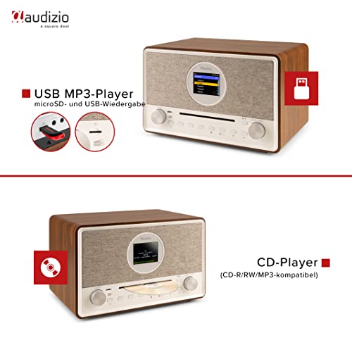 Audizio Lucca Stereo Dab Radio mit CD-Player, Internetradio WLAN, Bluetooth & Mp3-Player, Fernbedienung, kristallklarer Sound, stilvolles Retro Design im Holzgehäuse, Klares Display - Beige – Bild 6