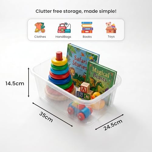 Image of TEX-RO 5 Layer Plastic Drawer Cabinet with Wheels & Side Hooks | Stackable Storage Trolley Organiser for Kitchen | Multipurpose Drawers Organisers Rack with Basket - Transparent And Ivory