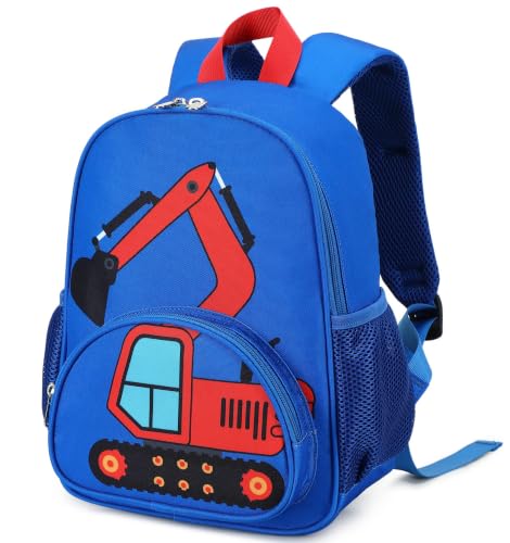 Image of LOIDOU Toddler Backpack for Boys, Excavator Construction Vehicle Kids Backpack with Chest Strap, Padded Straps & Side Bottle Pockets for Daycare, Preschool, Travel
