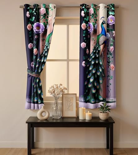 Image of Ultimate Trends Room Darkening Digital Printed Peacock Prints Curtain 65-70% Opacity,Diamond Eyelets, Tie Back, 8 FEET Pack of 1,Lilac & Cream