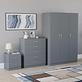 Vida Designs Riano 3 Piece Bedroom Set - 2 Drawer Bedside Chest, 5 Drawer Chest, 3 Door Mirrored Wardrobe - Grey
