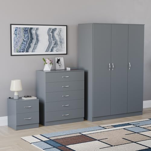 Vida Designs Riano 3 Piece Bedroom Set - 2 Drawer Bedside Chest, 5 Drawer Chest, 3 Door Mirrored Wardrobe - Grey