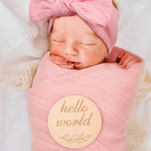 Image of DRESHOW BQUBO Baby Swaddle Blankets for Girls, 4PCS Newborn Accessories Set with Hat and Bow Headband with Hello World Wooden Birth Announcement Card, Baby Blankets for Girls (Pink)