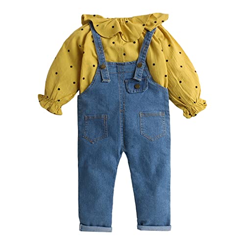 Image of Hopscotch Girls Cotton And Spandex Polka Dot Print T-shirt and Dungaree Set in Yellow Color (1023421)