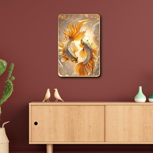 Image of Arkasto Golden Fish MDF Wall Art | Vastu Painting for Wealth & Prosperity | Golden Border Fish Wall Decor Frame for Home & Office
