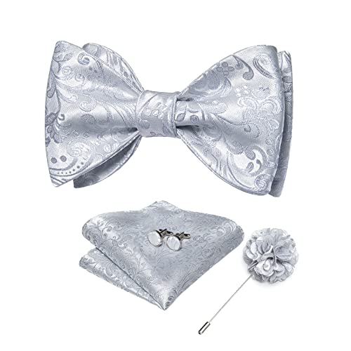 Image of DiBanGu Paisley Bow Ties for Men Silk Self Tied Bowtie and Pocket Square Cufflinks with Lapel Pin for Wedding Party