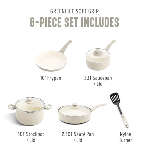 Image of GreenLife Soft Grip 8 Piece Cookware Set, Non-Toxic PFAS-Free Ceramic Nonstick, Frying, Sauce, Saute, Utensils, Glass Lids, Stay-Cool Handles, Wobble Free, Dishwasher & Oven Safe, Cream White
