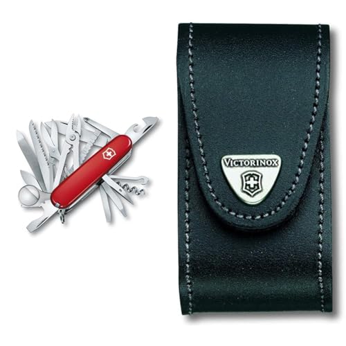 Victorinox Taschenmesser Swiss Champ (33 Funktionen, Kombizange, Stecknadel, Zange, Schere) rot & Leder-Etui (für Taschenmesser, Gürtelschlaufe, Klettverschluss, schwarz, 4,9cm x 9,8cm) schwarz