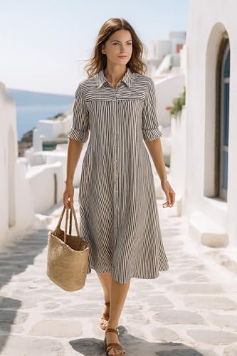 Image of Women's Summer Striped Midi Long Shirt Dress Casual Loose Short Sleeve Button Down Dress | Casual Outfit Wear Events, Date & Evening Look |Tunic Shirts for Women