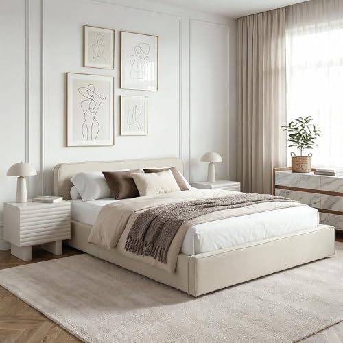 IDIMEX Lit Double BELARTI 140x190 cm rembourré, Revêtement en Tissu, Lit Style Moderne pour 2 Personnes, Cadre de lit en Bois avec sommier Inclus, Blanc...