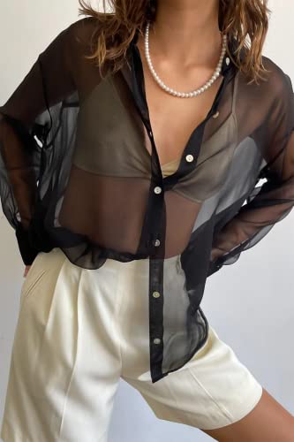Women’s Sheer Button Up Shirt Y2K Long Sleeve Lapel V Neck Mesh Top Vintage See Through Basic Blouse Streetwear3