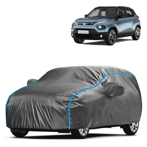 Image of Kerwa Car Body Cover Waterproof Compatible with TATA Punch | Scratch Proof, Anti-Dust, UV Protection | Windproof Buckle Strap | Fitted Bottom Elastic | Side Mirror Pockets-Grey