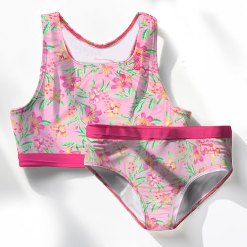 Image of Tommy Bahama Girls 2-Piece Swimsuit Set, Racerback Top and Bikini Bottoms, Quick-Drying Tropical Print Swimwear for Kids
