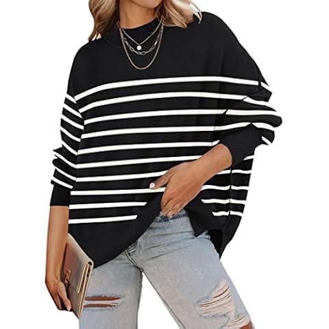 ZESICA Women's 2024 Fall Casual Long Sleeve Crew Neck Side Slit Oversized Ribbed Knit Pullover Sweater Tops,BlackStripe,Large Cover