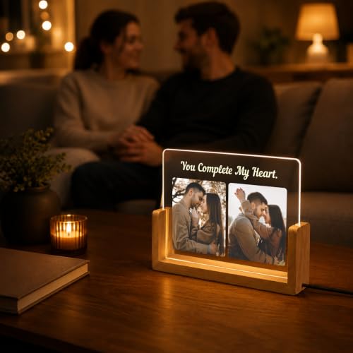 Image of Giftplease Personalized LED Acrylic Photo Frame for Couple with Custom Picture and Message, Romantic Bedroom Table Decor, Anniversary Keepsake, USB Night Lamp, Wooden Base Home Display Art