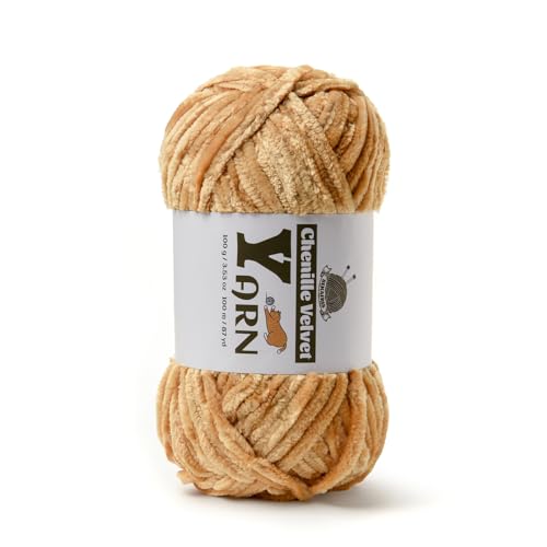 Image of Plush Chenille Chunky Yarn - Fluffy Velvet Yarn Crochet for Blanket Knitting and Crocheting - Soft Baby Yarns for Crocheting - Amigurumi Crochet Yarns 100g (87yds) (Khaki)
