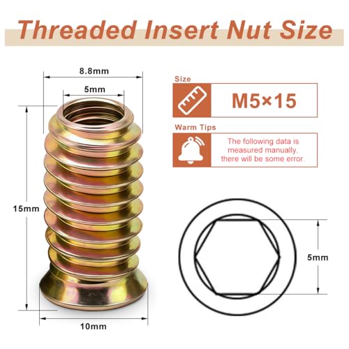 Drenky M5 Einschraubmutter, 40 Stück M5x15mm Gewindeeinsatz Holz Einschraubmuttern, Einschraubmuffen Verzinkte Innensechskant, Einschraubhülse Gewindeeinsatzmuttern für Holzmöbel