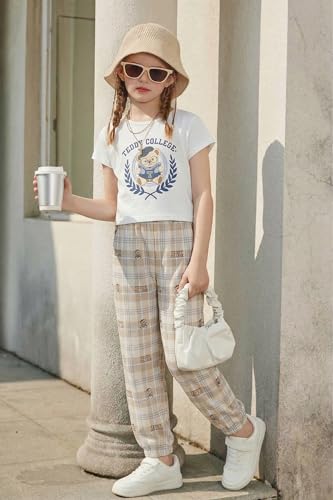 Image of Arshiner Girls Clothes 2 Piece Summer Outfits Drop Shoulder Top Pullover Sweatpants Jogger Set Sweatsuits Tracksuits 6-14Y