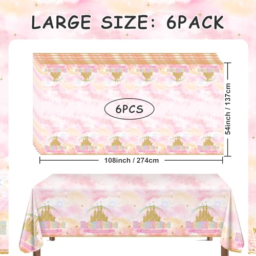 Image of Avezano 6 Pcs Princess Castle Tablecloth Rainbow Princess Birthday Table Cloth for Girls Women Birthday Party Decorations 108 x 54 Inch