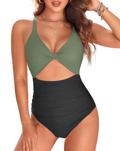Image of Tempt Me Women One Piece Swimsuits Tummy Control Cutout Bathing Suits Ruched V Neck Twist Front Swimwear