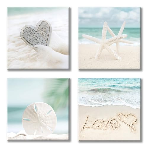 UTOP-art Seashell Beach Pictures Canvas Wall Art For Bathroom Love & Starfish Canvas Print Wall Art for Bathroom (12'' x 12'' x 4 Panels)