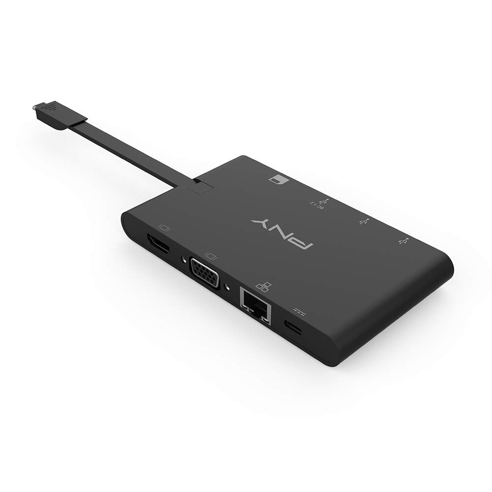 PNY 9 w 1 Mini Przenośny Hub Zasilający USB-C z Wbudowanym Kablem dla Urządzeń Kompatybilnych - 2 Porty USB-C, 2 Porty USB-A 3.1, HDMI, VGA, Gniazda SD/microSD