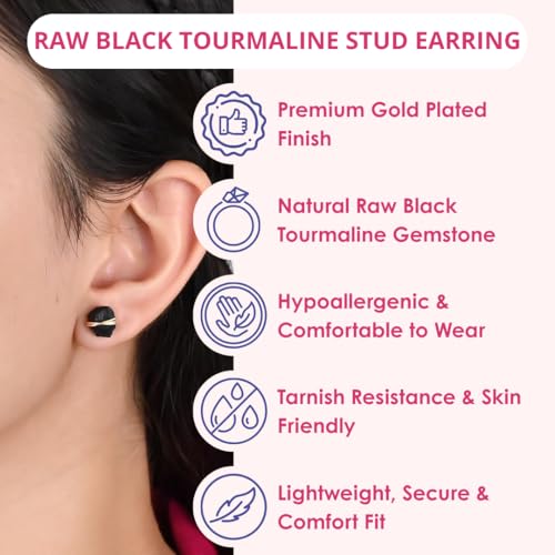 Gempires Black Tourmaline Wire Wrapped Raw Gemstone Stud Earrings for Women | 14K Gold Handmade Crystal Jewelry | Hypoallergenic Minimal Natural Stone Earrings Gift for Her by GEMPIRES NATURE’S TREASURE - Image 3